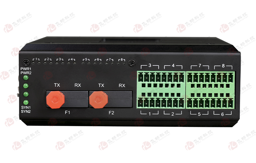 飛暢科技-工業軌式16路DI/DO/AI/AO開關量模擬量光纖自愈環網ModBus RTU&TCP采集器