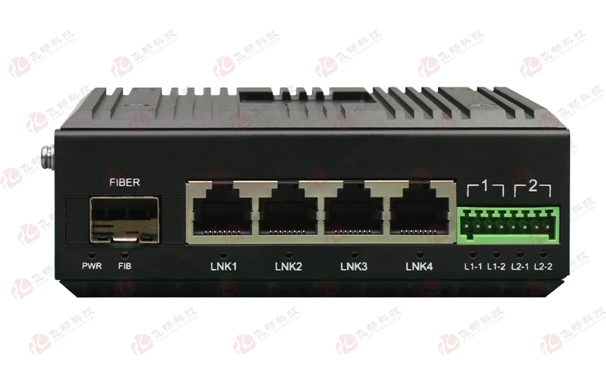 飛暢科技-工業軌式2路串口／4路開關量+4路百兆電 光端機